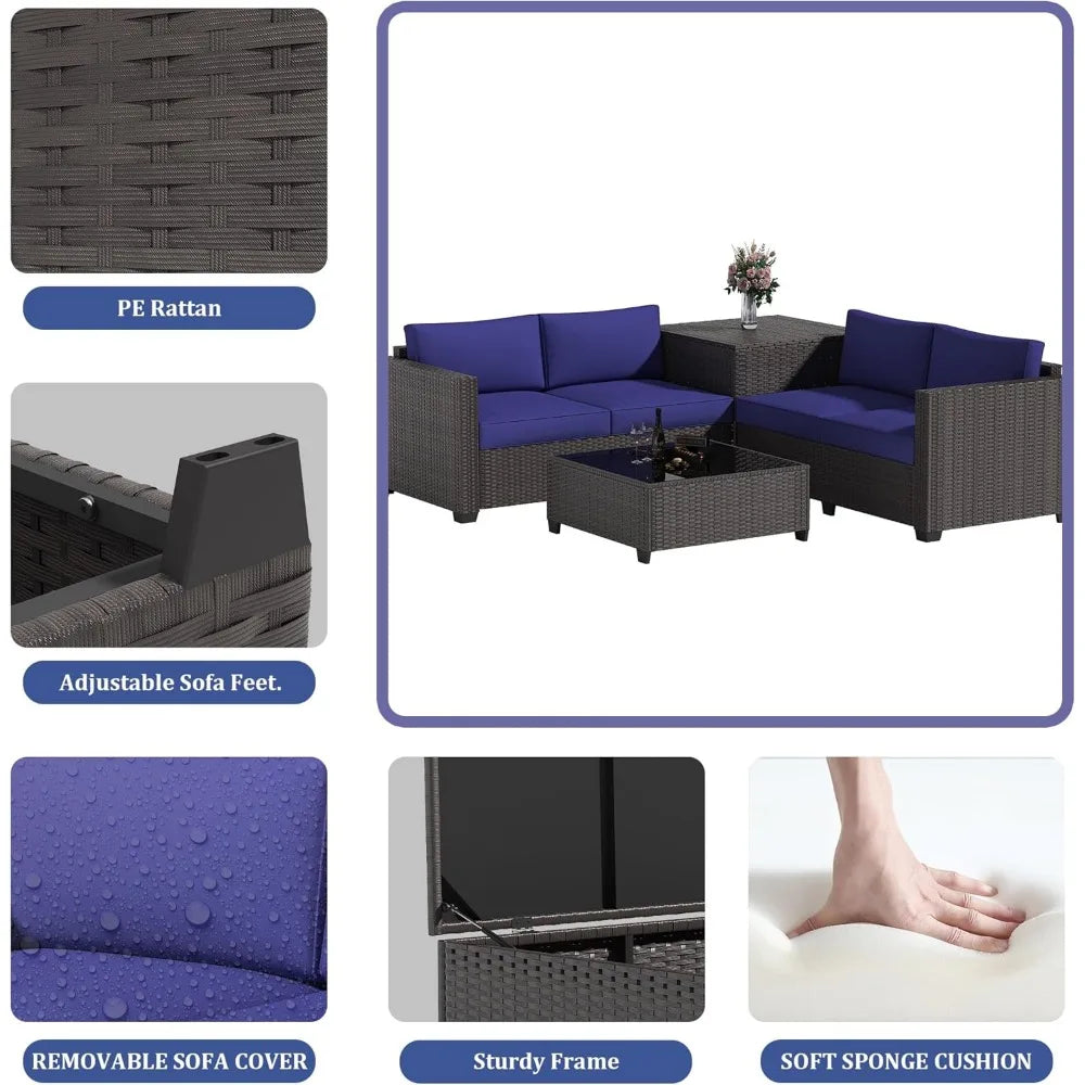 6 Piece Wicker Patio Furniture Set, Sectional Sofa with Glass Coffee Table & Large Storage Box, Loveseat Couch, Outdoor