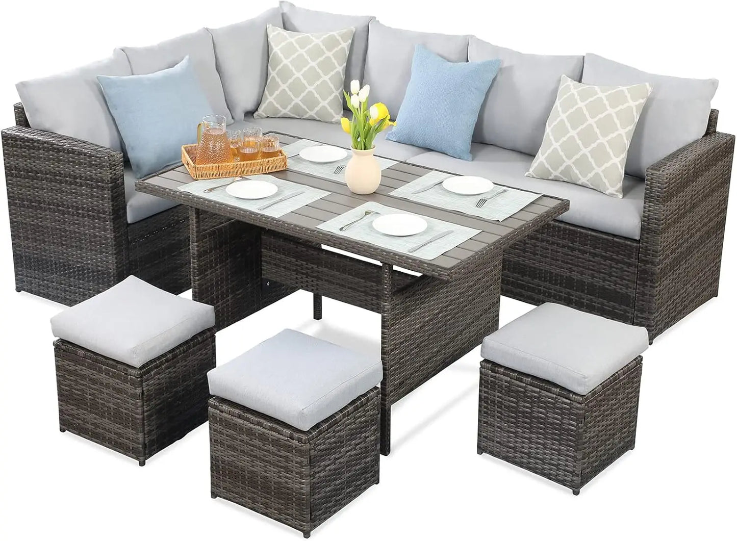 Wisteria Lane Outdoor Patio Furniture Set, 7 Piece Outdoor Dining Sectional Sofa with Dining Table and Chair, All Weather Wicker