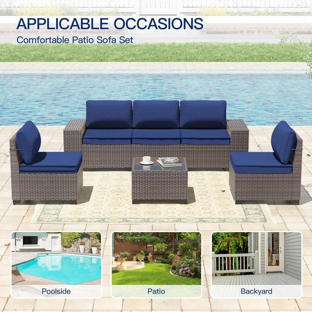 6-Piece Patio Furniture Set with Glass Top Tea Table, PE Rattan Wicker Conversation Set, Washable Cushions, Outdoor Patio
