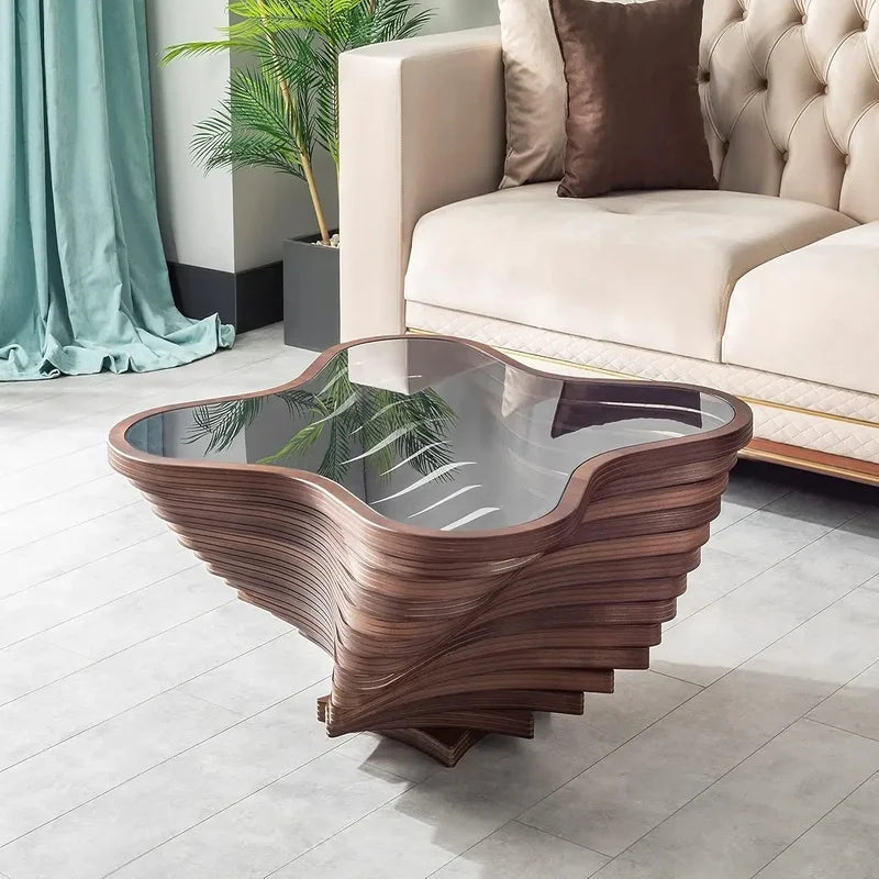 Table basse en spirale en bois – Table décorative moderne et élégante avec plateau en verre, design artisanal – Salons
