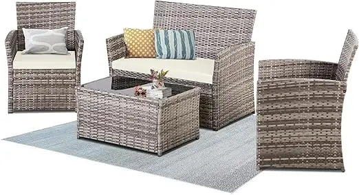 Patio Furniture Set, Modular Patio Set Wicker Outdoor Sectional Sofa Set PE Rattan Wicker Patio Conversation Set with T