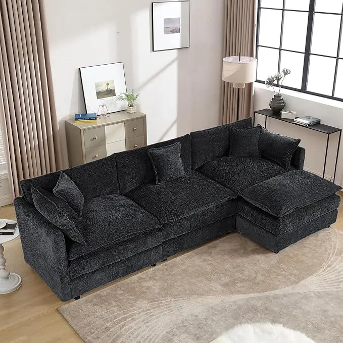 112.2" L-Shaped Cloud Couches | Deep 3 Seater Couch with Ottoman | Soft Chenille Cloud Sofa for Cozy Living Room