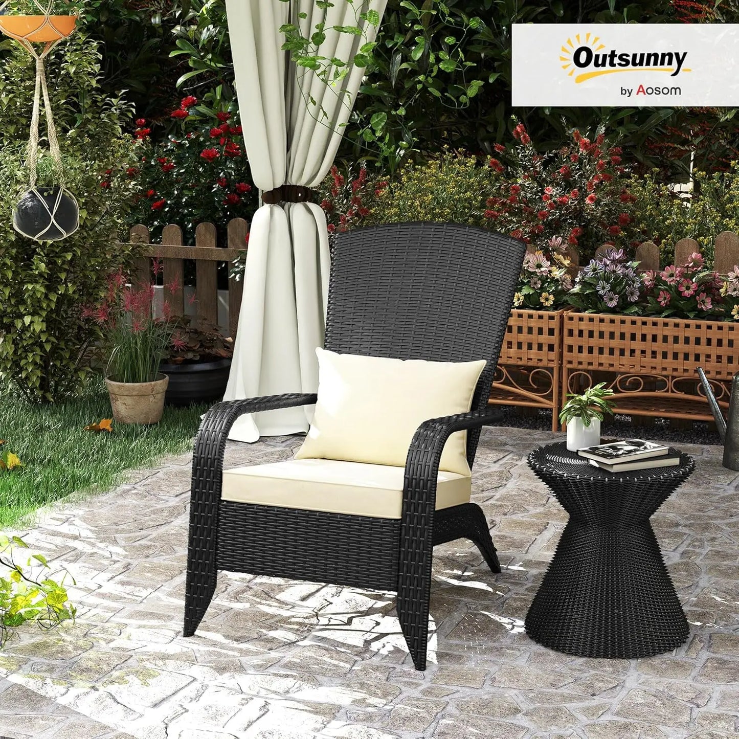 Patio Wicker Adirondack Chair,Outdoor All-Weather Rattan Fire Pit Chair with Soft Cushions, Tall Curved Backrest and Comfortable