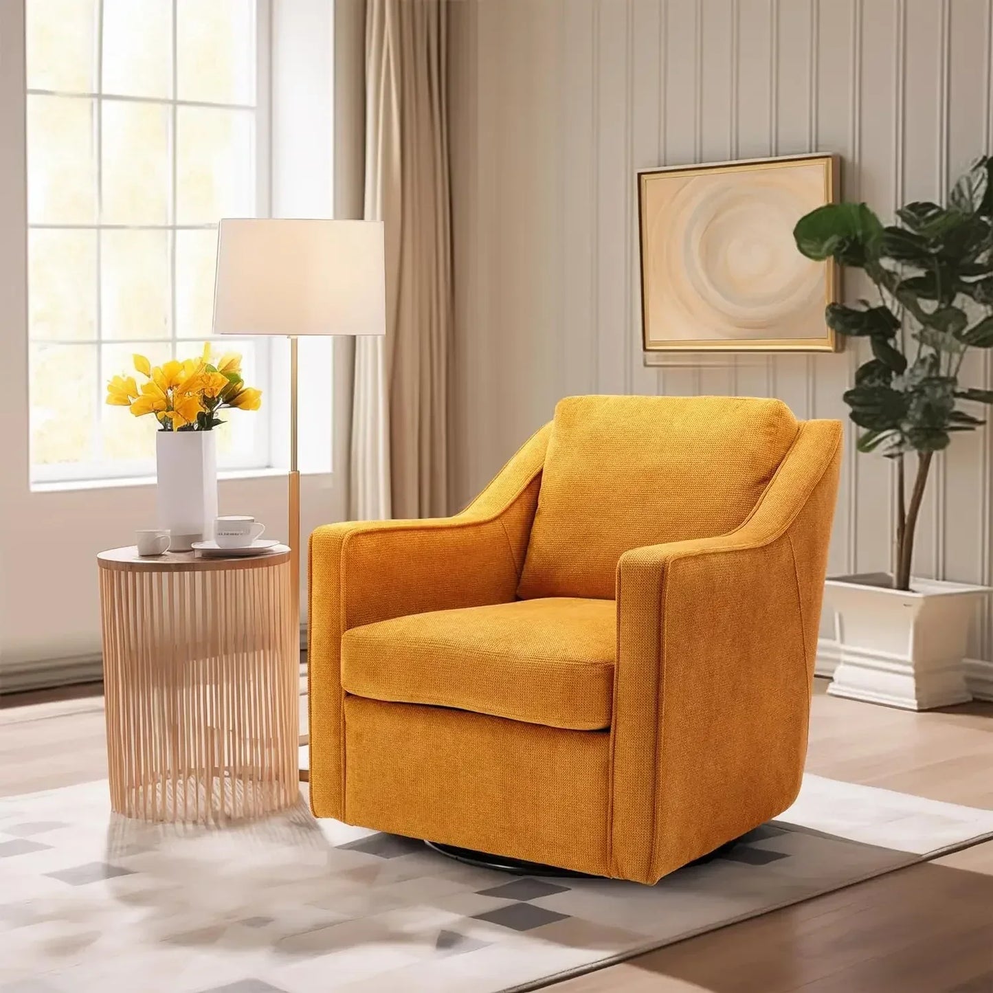 Premium Living Chair Fabric Leisure Armchair With Innerspring Seat Cushion Lumbar Pillow Metal Base Swivel Accent Chair