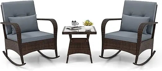3 Pieces Patio Furniture Set, Outdoor Wicker Rocking Chairs with Cushions, Pillows, Glass Coffee Table, Rattan Bistro Rocker Se