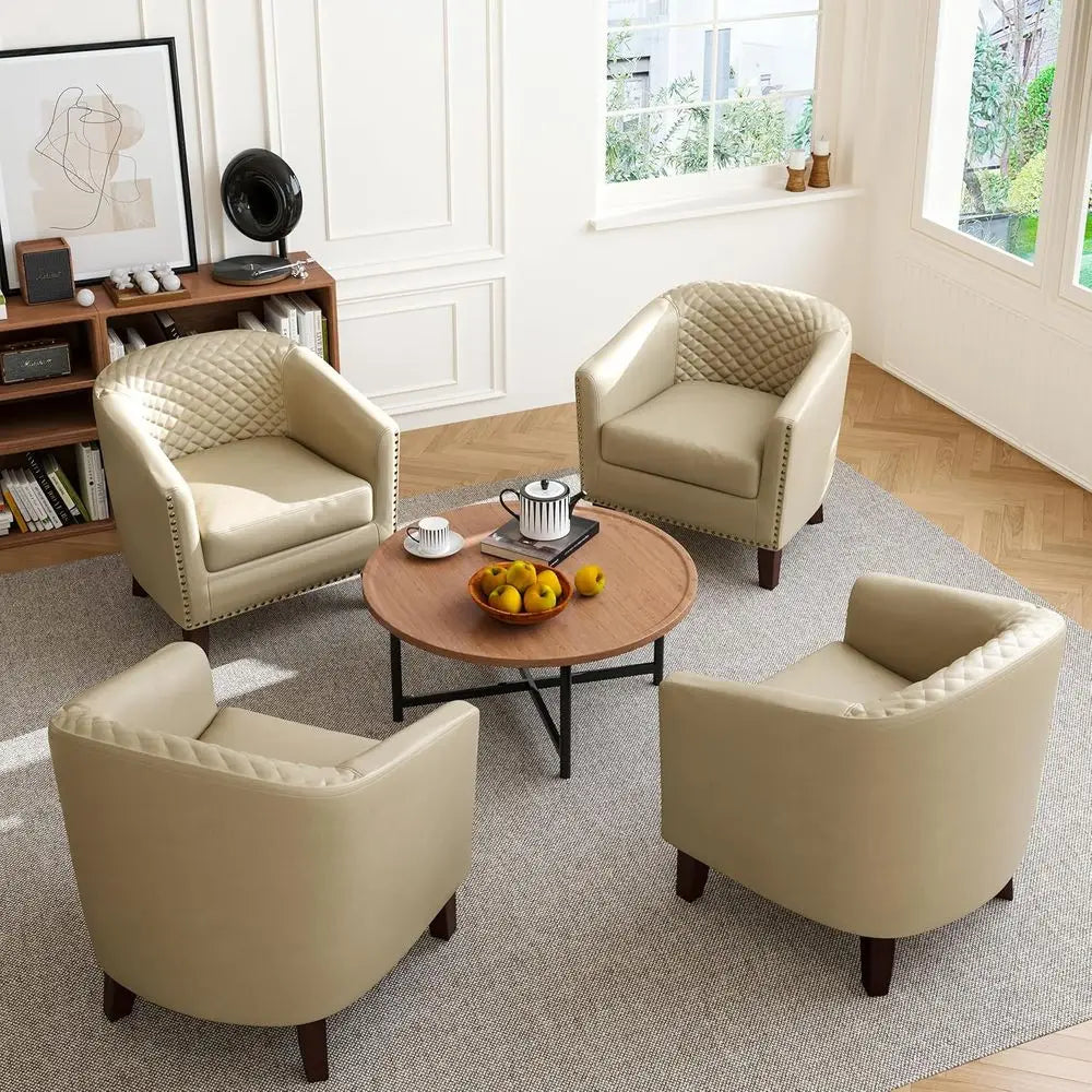 Faux Leather Accent Barrel Chair with Nailed Trim, Comfortable Club Chair for Living Spaces (Beige, 1 Set)