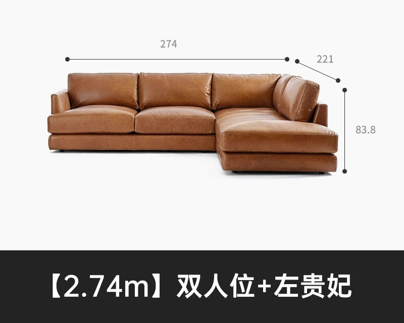leather sofa, antique milk brown first layer cowhide L-shaped concubine seat in the living room, American retro leather sofa