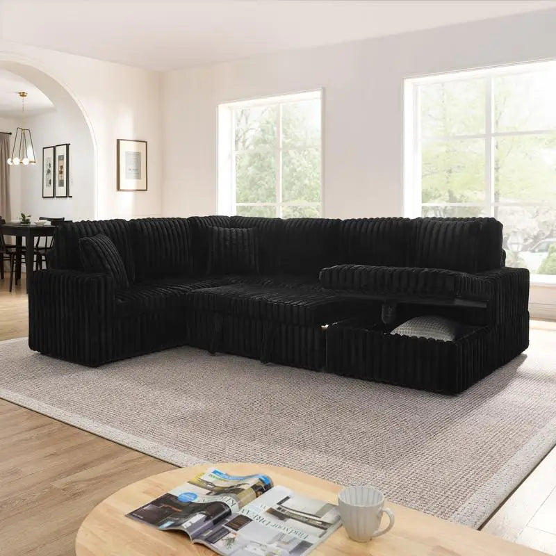 Modern Minimalist U-shaped Corduroy Striped Sofa with Pull-out Bed & Storage Chaise, Soft Black Couch for Stylish Living Room,