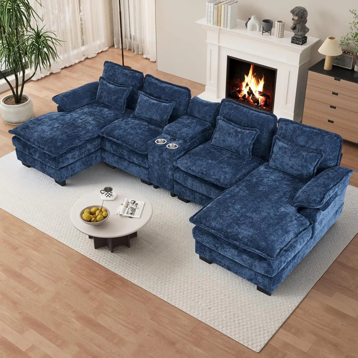 U Shaped Sectional Sofa 133" Modular Fluffy Chenille Double Chaise Lounge Central Console USB Port Living Room White Customized