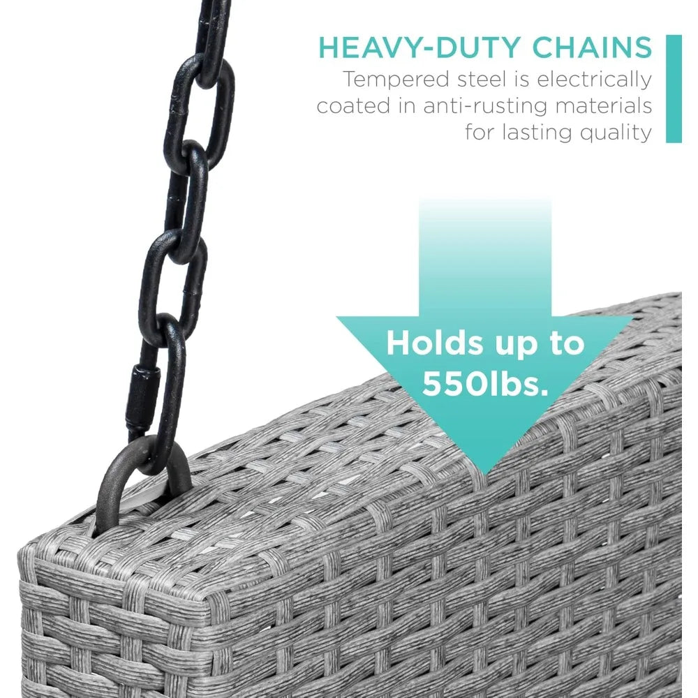 Woven Wicker Outdoor Porch Swing, Hanging Patio Bench for Deck, Garden with Mounting Chains, Seat Cushion - Gr