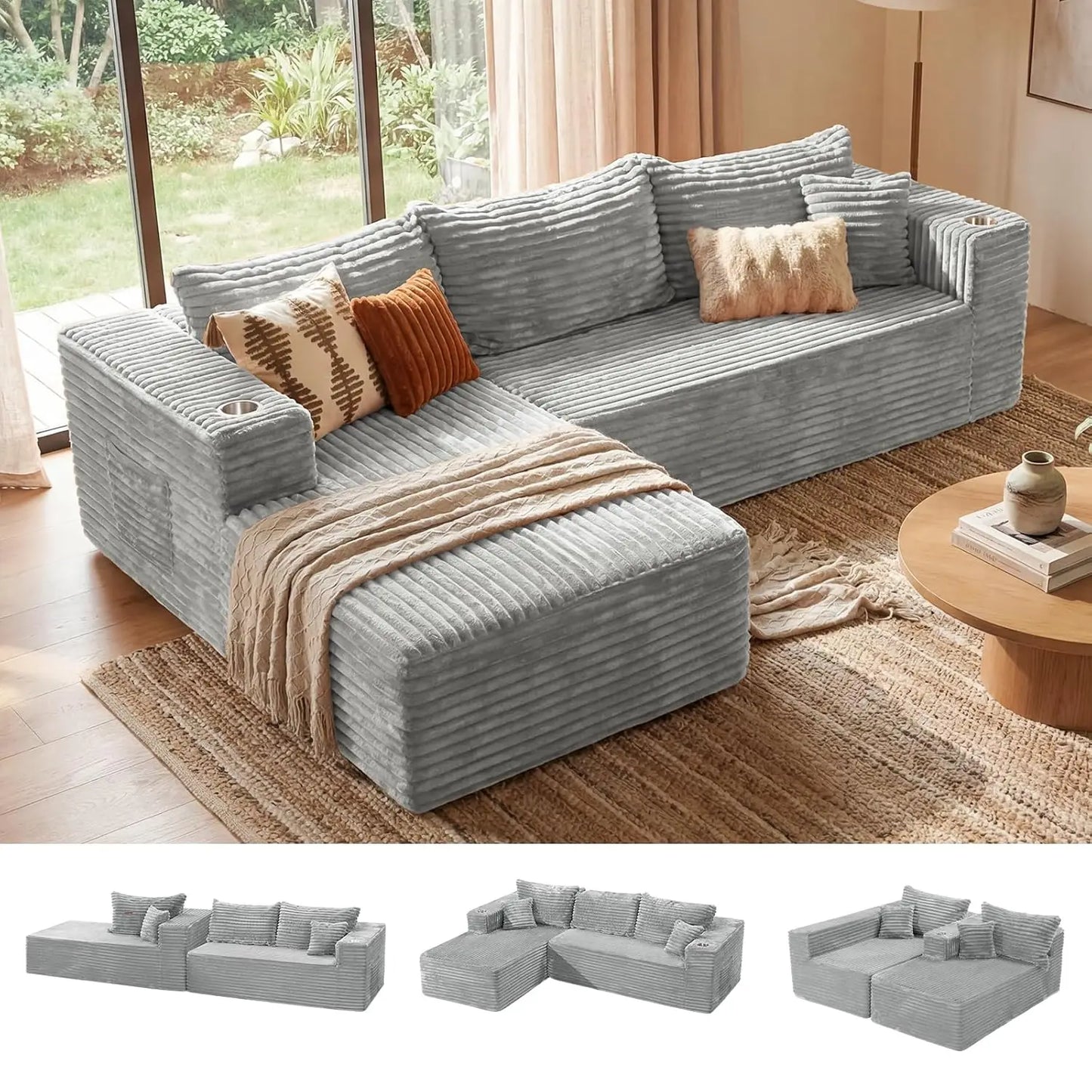 Oversized 108” Boneless Couch, Comfy Cloud Modular Sectional Sofa, L-Shape Sofa with Chaise, Memory Foam, Customized
