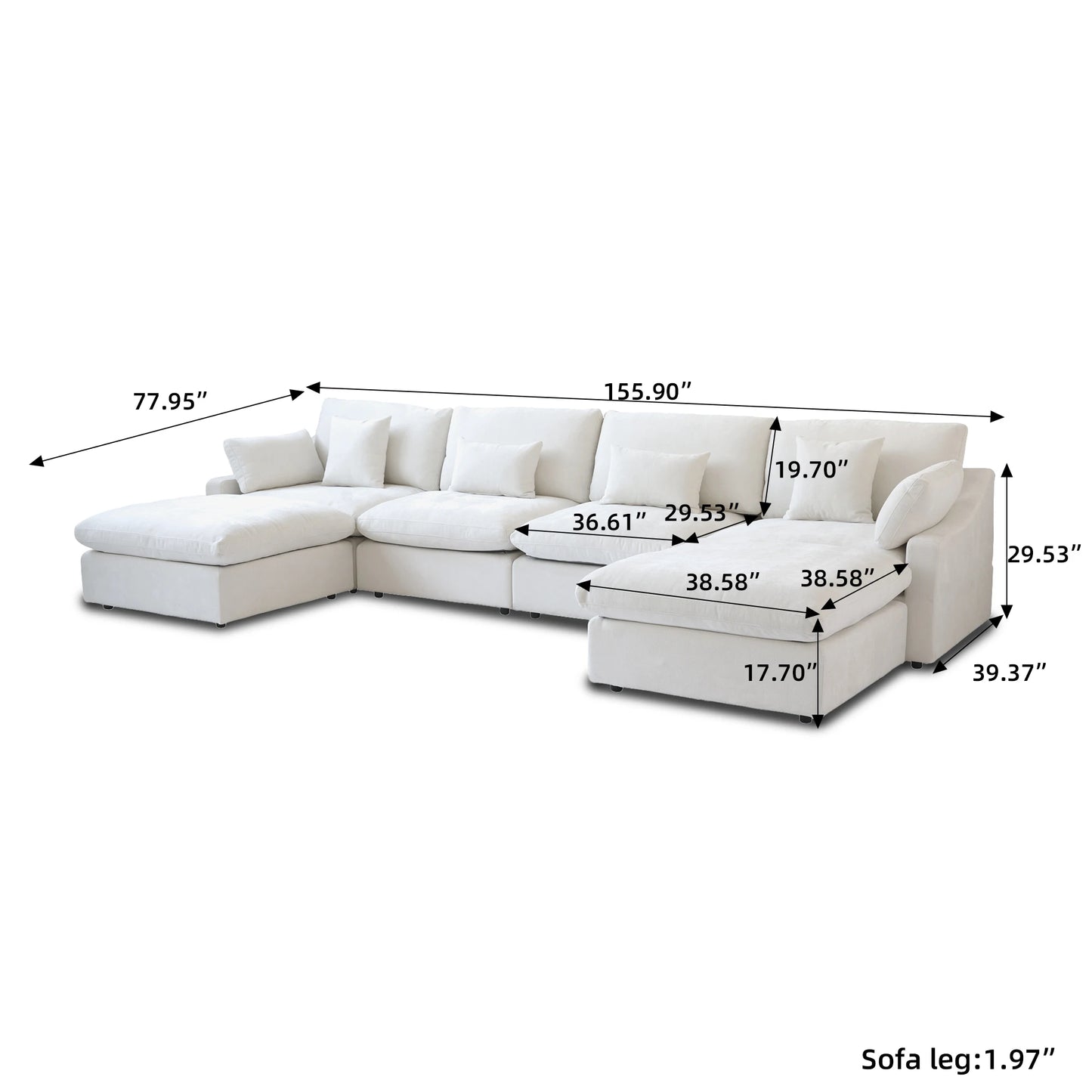 Modular Sectional Sofa for Living Room 160" Cloud Couch Down Filled U Shaped Couch with Ottoman Modern 6 Seater Convertible Sofa