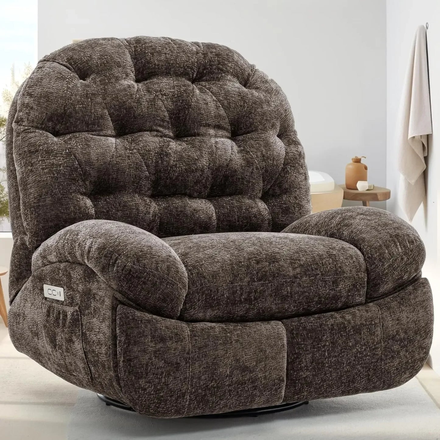 Oversized Swivel Recliner Chair, Comfortable Soft Shell Shaped Recliner with Ports and Storage for Living Room