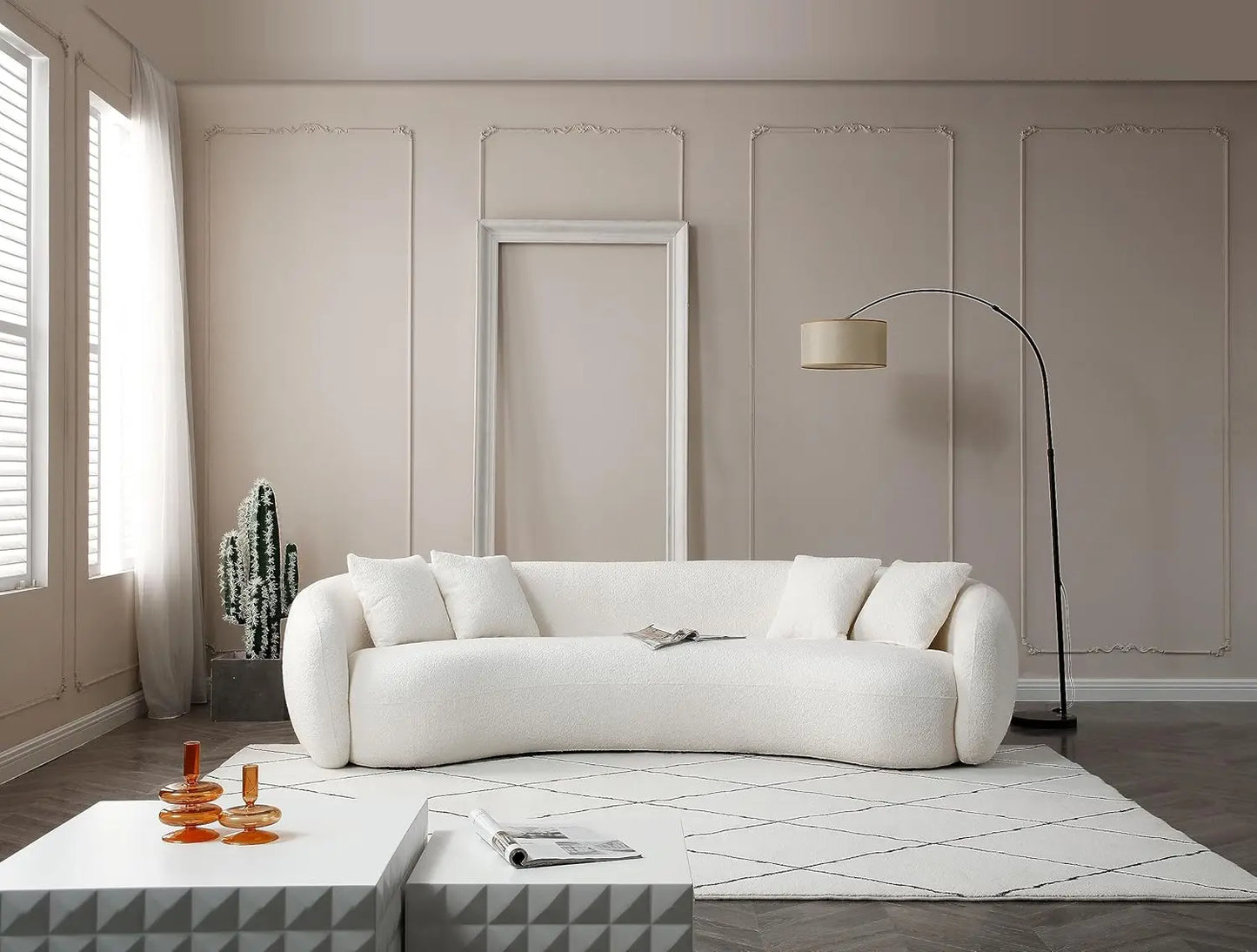 103" Half Moon Sectional Sofa, Boucle 5-Seater with 4 Throw Pillows