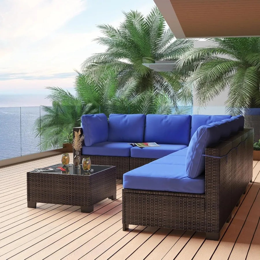 7 Piece Outdoor Patio Furniture Set with PE Rattan Conversation Sofa Thick Cushioned Wicker Patio Set Featuring Glass Top Coffe