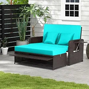 Wicker Patio Outdoor Daybed - Rattan Day Bed Lounger with Loveseat & Storage Ottoman, Sunbed Sofa Set w/Cushions, 4-Level Adjus