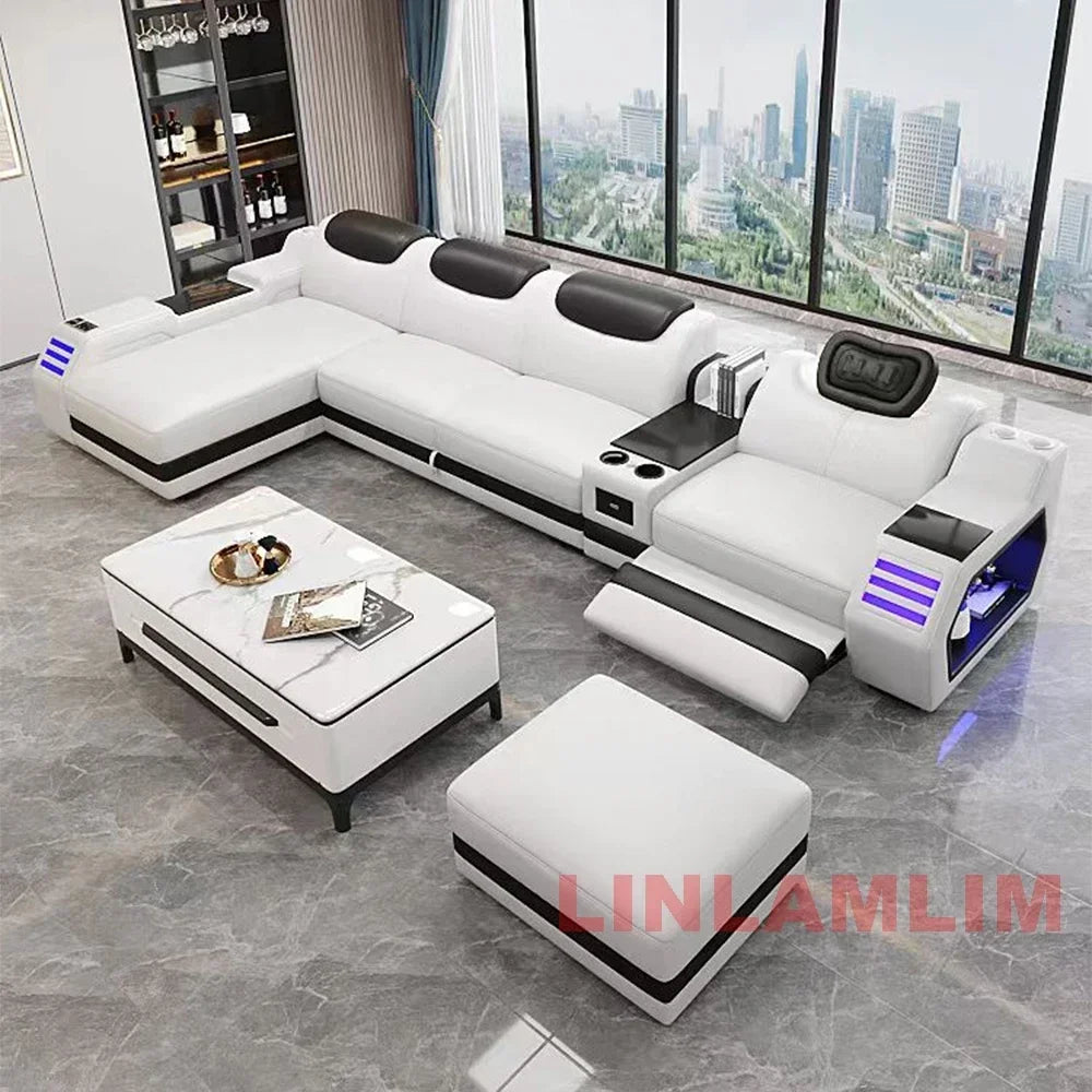 NEW Modern L-Shaped Sectional Sofa Bed with Adjustable Headrests & LED Lights, Genuine Leather Recliner Couch with Storage & USB