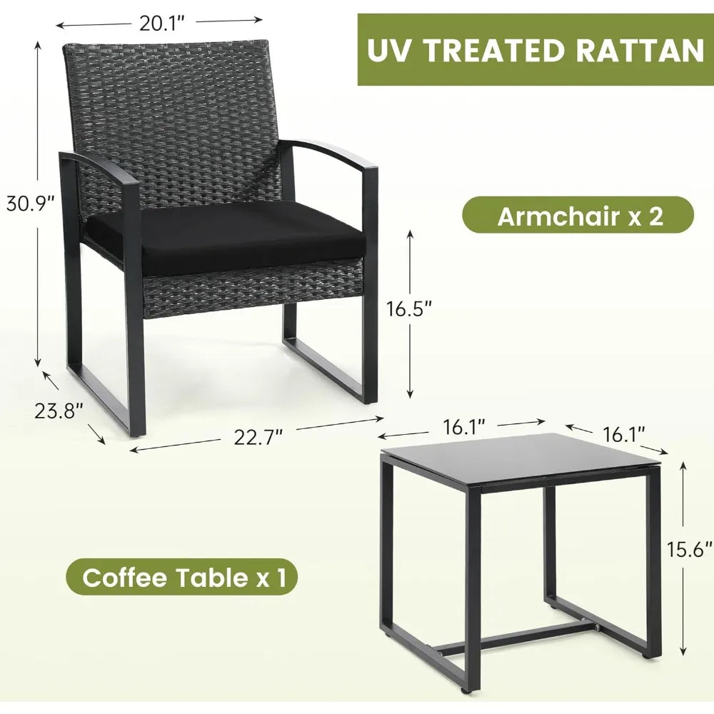 3 Piece Wicker Patio Bistro Set, Rattan Conversation Set with Coffee Table, for Balcony, Porch, Garden, Yard, Poolside, Black Fr