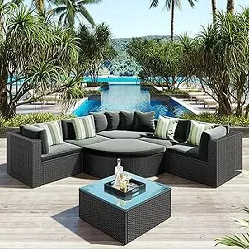 8-Piece Outdoor Wicker Patio Furniture Set with Rectangular Glass Coffee Table for Backyard Conversation