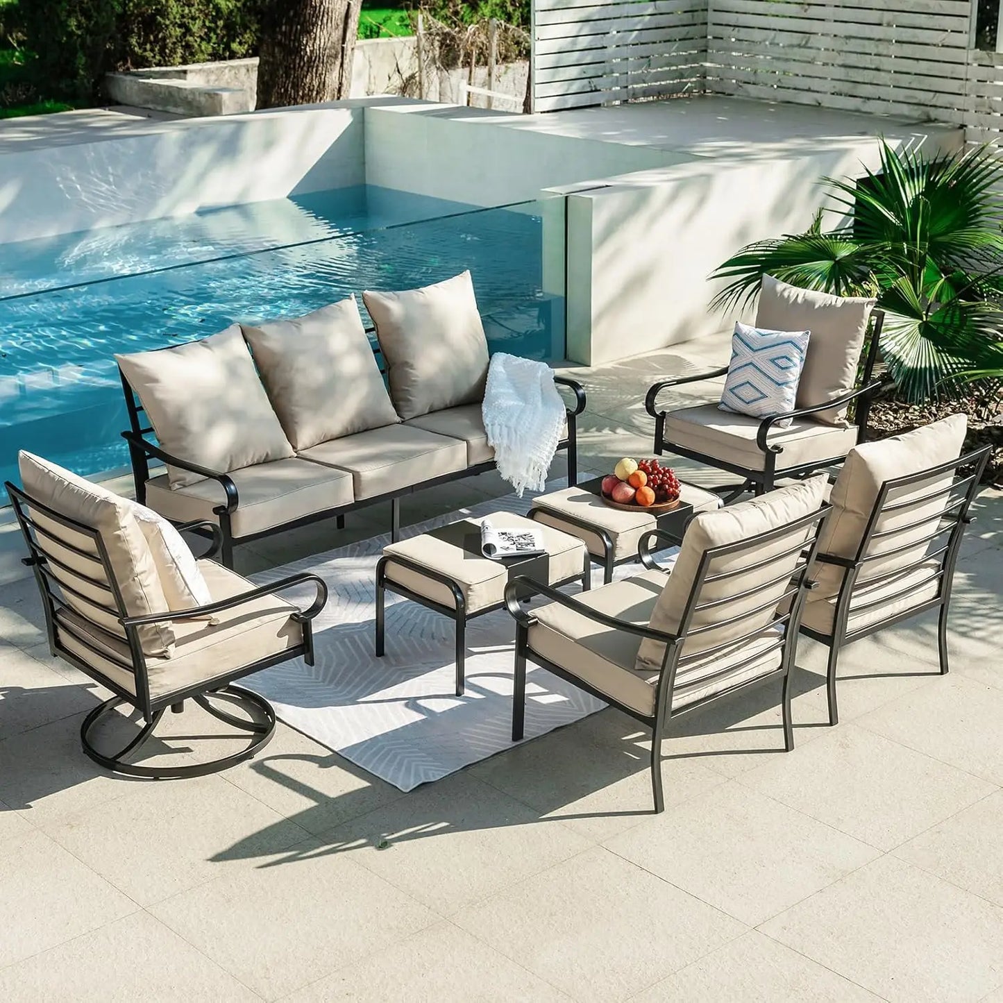 5 Piece Patio Furniture Set, Metal Patio Conversation Set with 1x3 Seater Sofa & 2xSwivel Chairs & 2xOttomans, 5.75'' Extra Thic