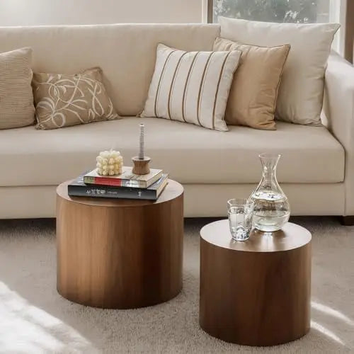 Nesting Coffee Table Set of 2, Modern Round Walnut Wooden Tables for Small Spaces
