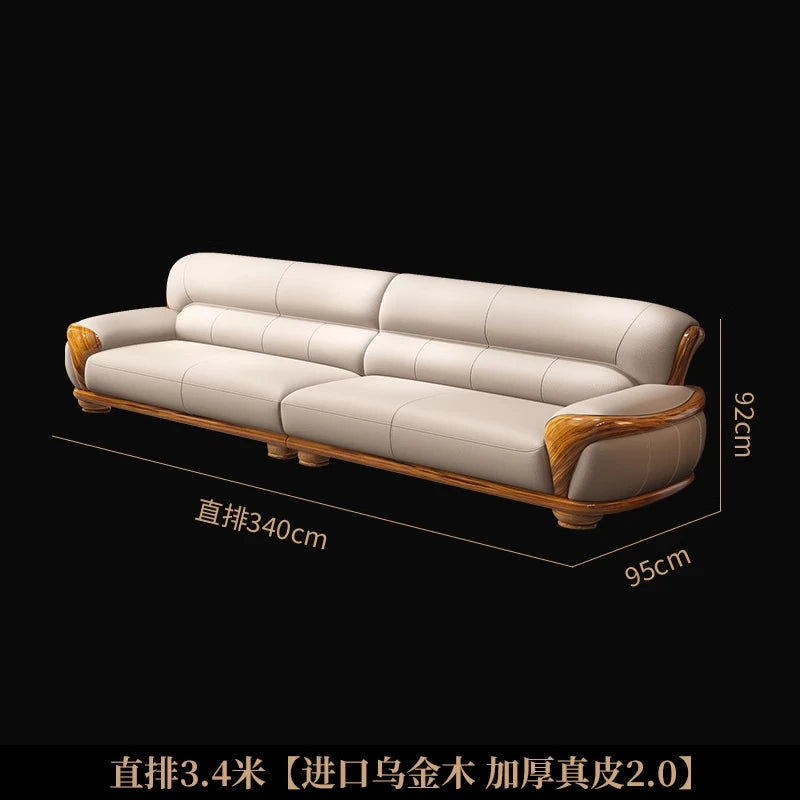 New Chinese ebony leather sofa living room combination size apartment first layer cowhide straight row sofa
