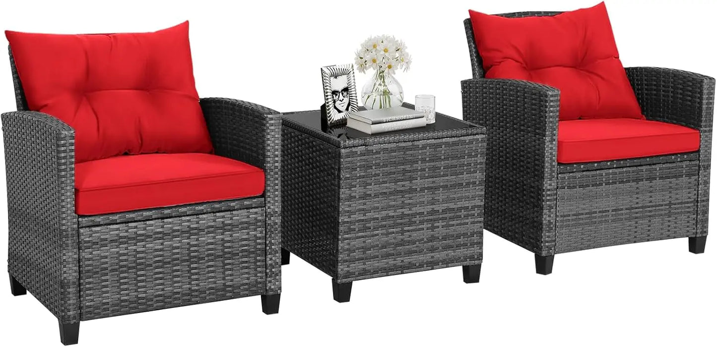 3 Pieces Patio Conversation Set, Outdoor Furniture Set PE Rattan Sofa Set With Removable Cushions, PE Wicker Chairs W