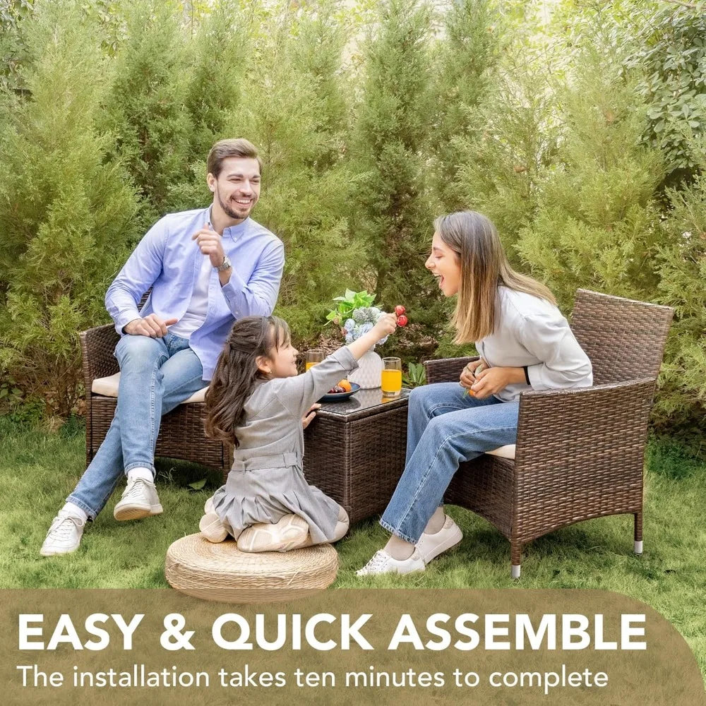 Patio Porch Furniture Sets 3 Pieces PE Rattan Wicker Chairs with Table Outdoor Garden Furniture Sets (Brown/Beige)