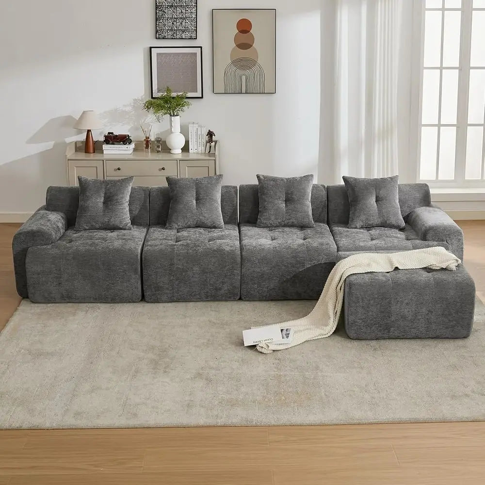 Modern Grey 3-Seater L-Shape Sectional Sofa with Movable Ottoman and Woven Texture Upholstery