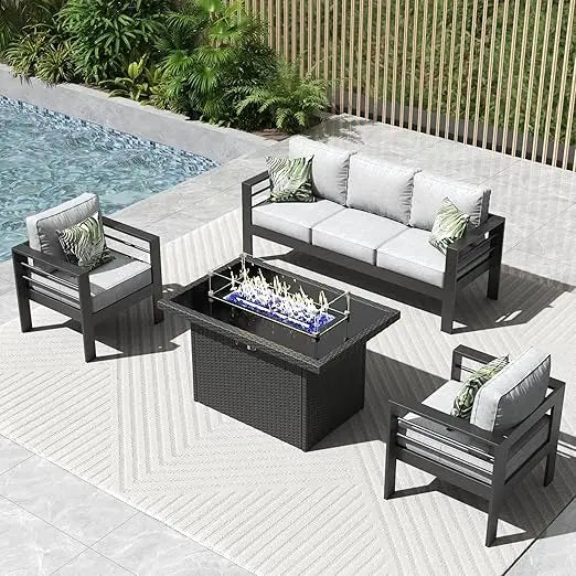 5 Pieces Modern Aluminum Patio Furniture Set, Outdoor Conversation Sets Metal Sectional Sofa with Coffee Table