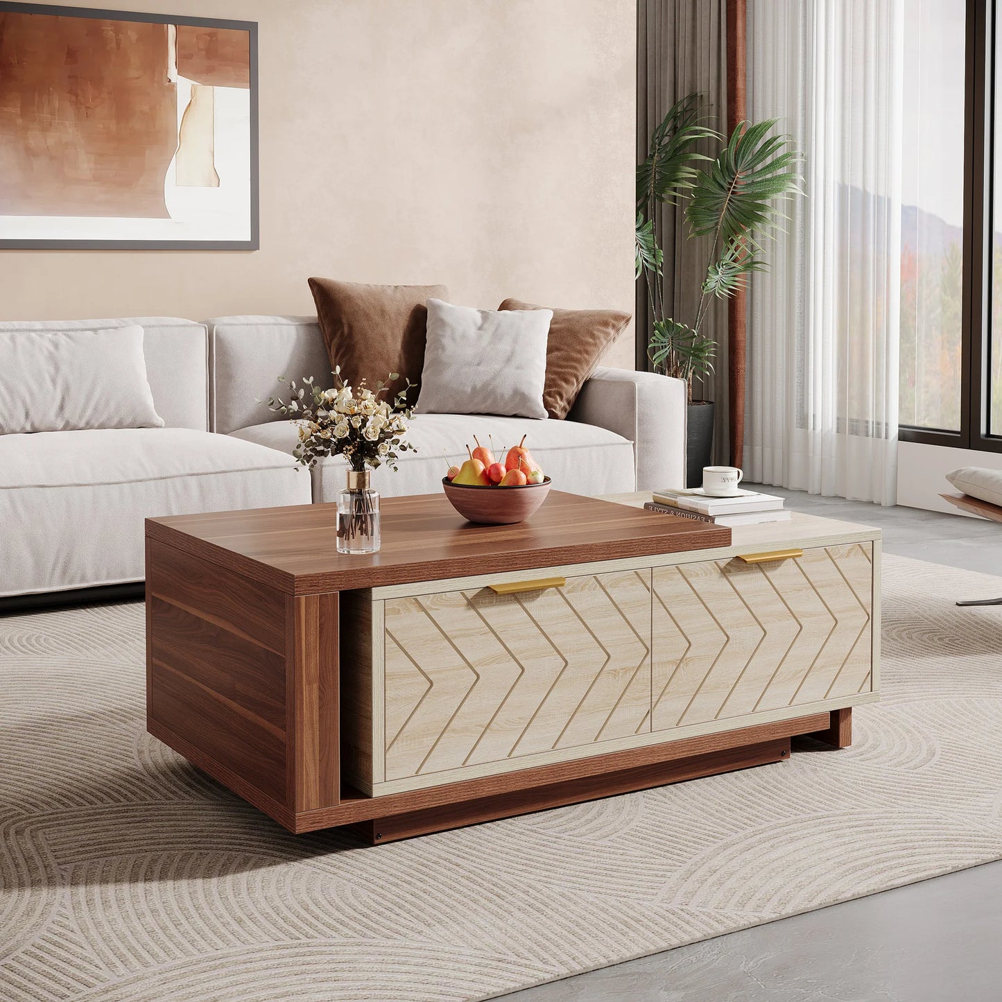 Tribesigns Extendable Coffee Table, 42"-65" Length Adjustable Reversible Wood Coffee Table with 2 Storage Drawers