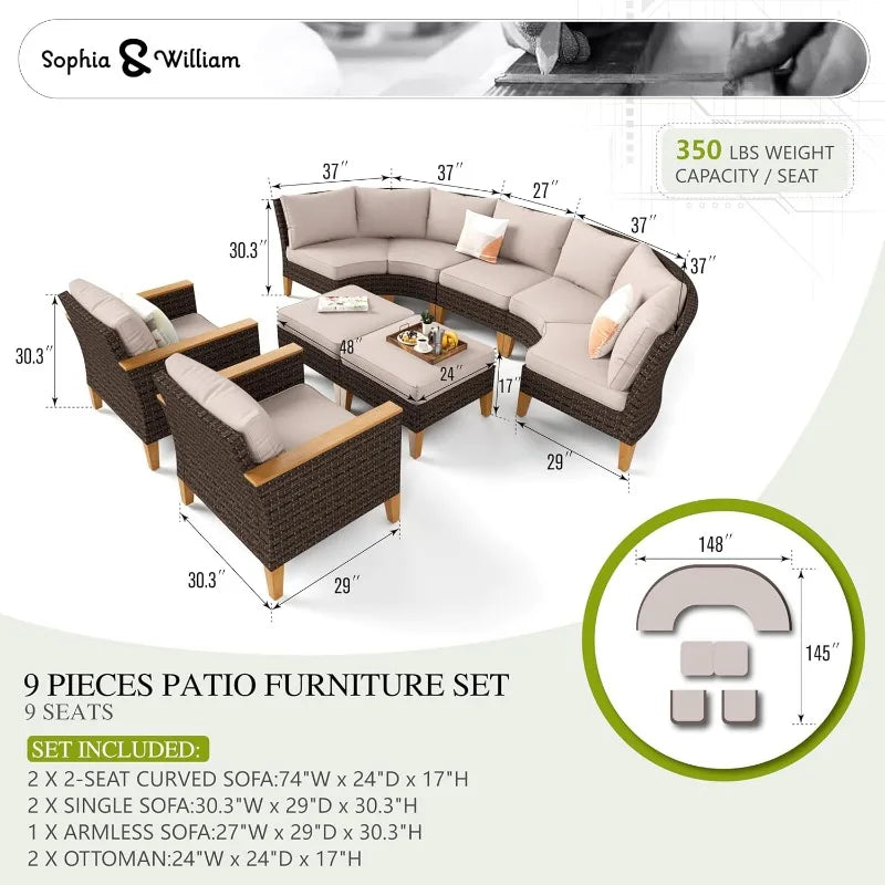 Outdoor Wicker Sectional Sofa Set, Half Moon Curved Patio Furniture Set with Ottman, High Back Rattan Patio Con