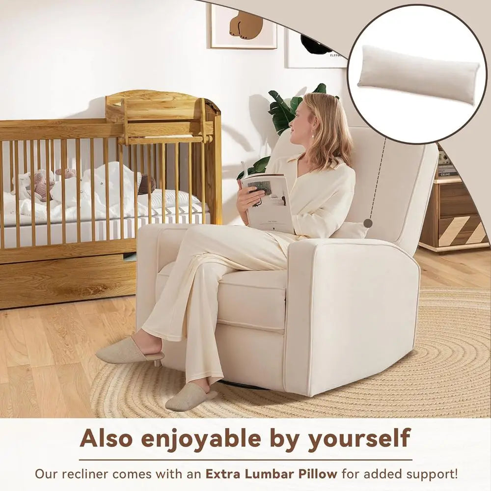 Swivel Recliner Chair with Lumbar Support, Nursery Rocking Chair for Bedroom, Upholstered Armchair with Pillows and Footrest for