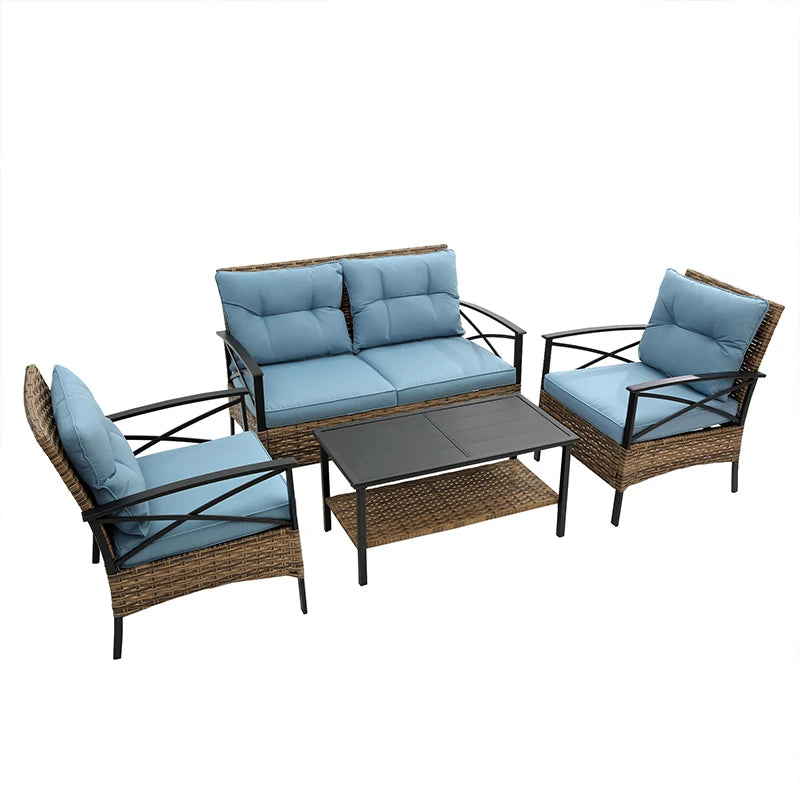 Patio 4 piece sectional low dining conversation sofa set- KD rattan wicker outdoor garden furniture corner sofa set with cushion