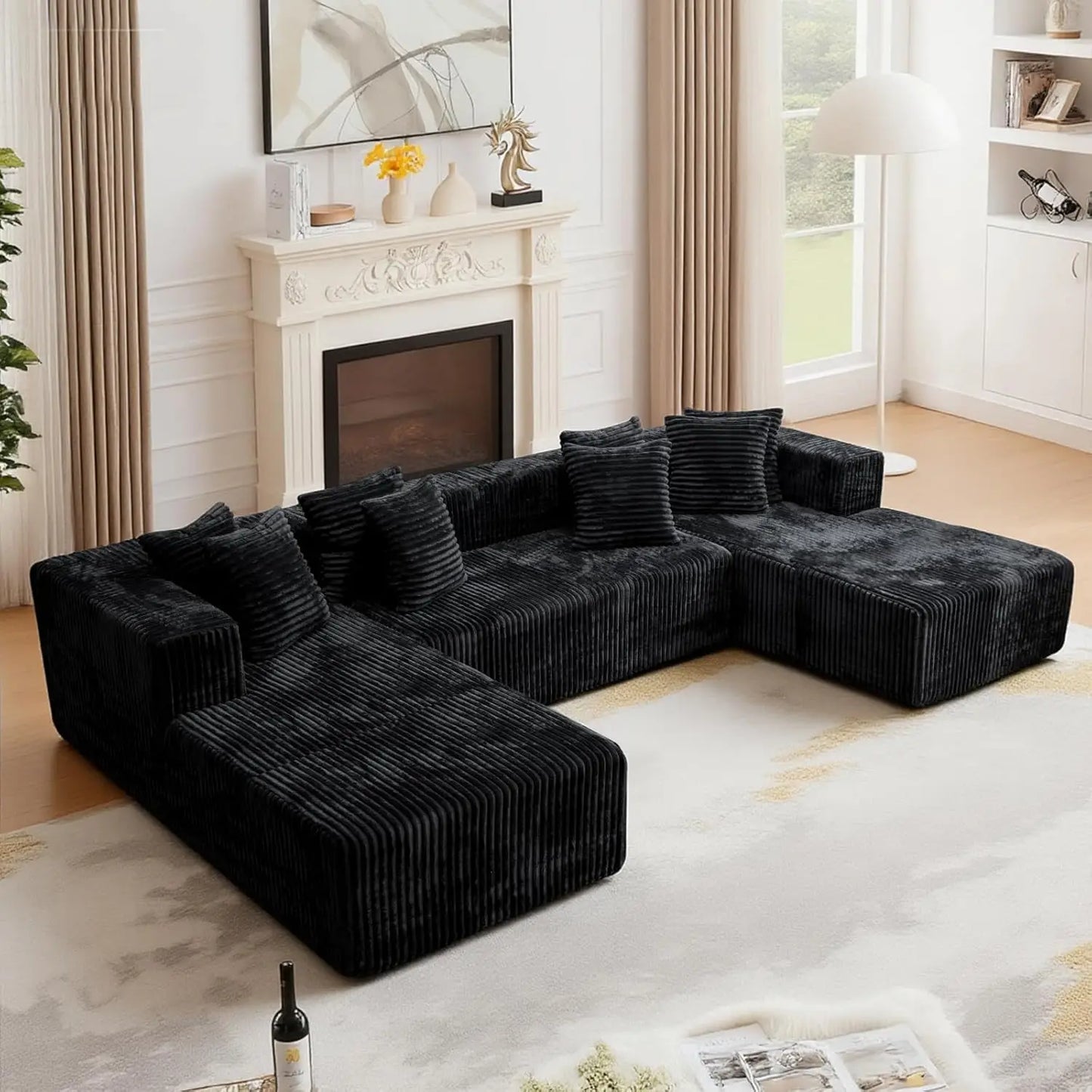 Modern Minimalist Sectional Sofa: L-Shape Cloud Couch with Deep Seats Right Chaise - Black