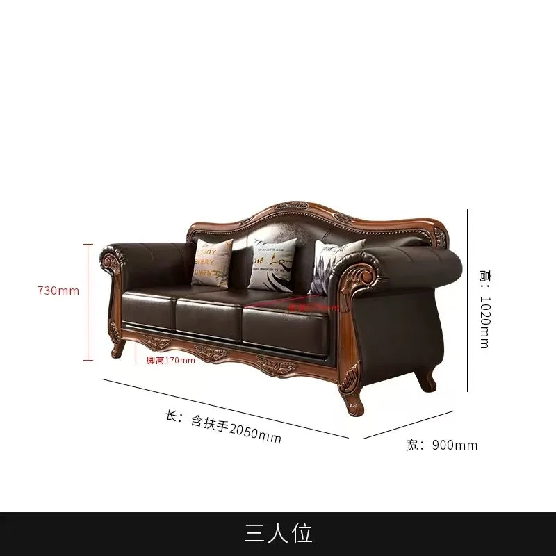American vintage leather sofa living room solid wood country European style sofa inline furniture