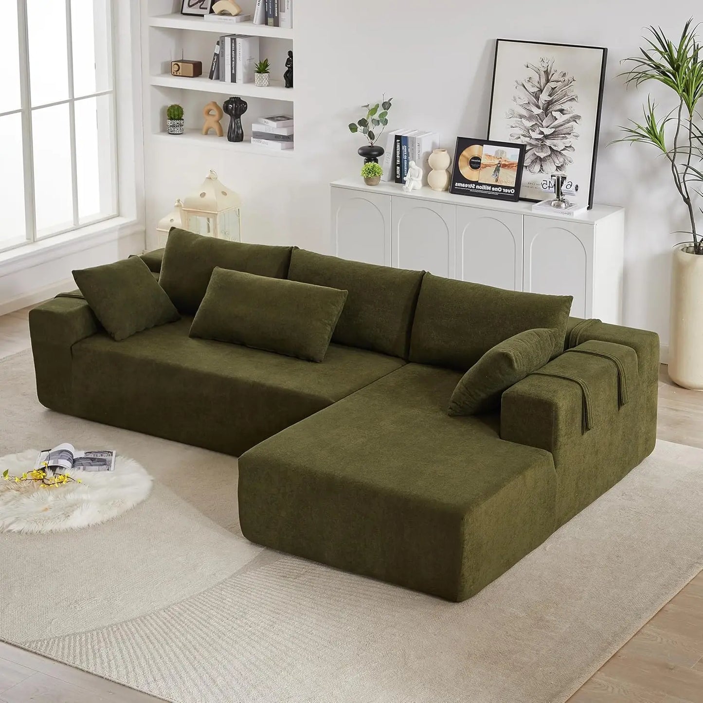 108'' L-Shaped Modular Sectional Sofa, Upholstered Chenille Cloud Couch with 6 Pillows, Cozy Deep Seat Couch for Living Room