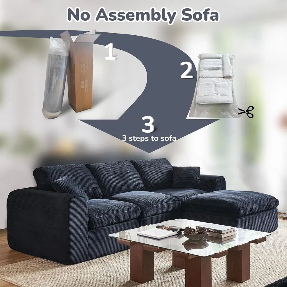 108 L-Shape Sectional Sofa with Ottoman, 3 Seater Deep Seat Cloud Sofa (Black)