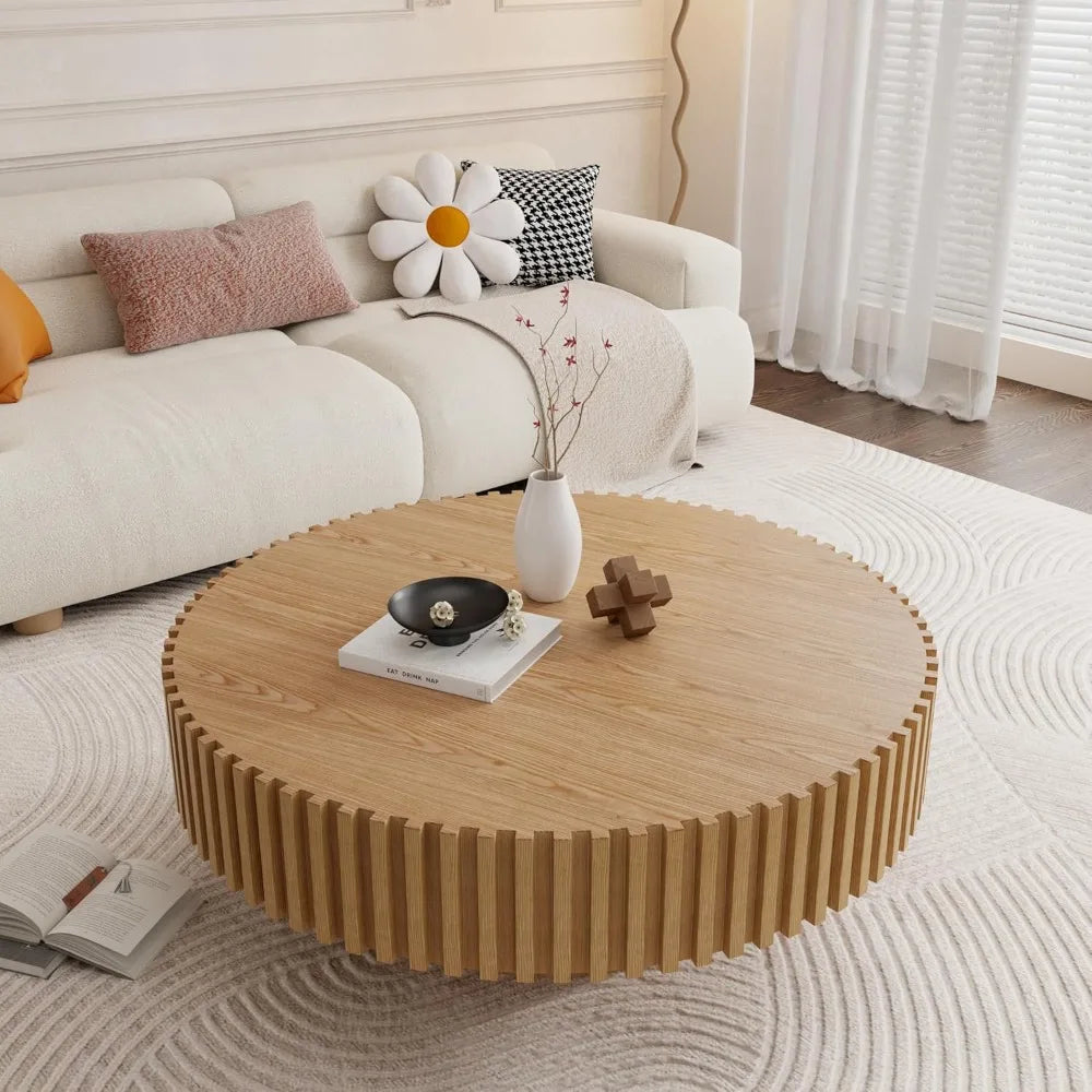 39.4" Oak Round Coffee Table Wood, Modern Drum Fluted Circle Coffee Table for Living Room, Contemporary Low Center Table Side Ta