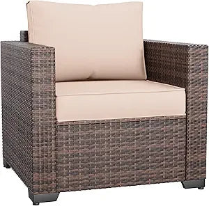 Wicker Outdoor Sofa & Patio Couch Set - High Back Waterproof Patio Furniture Single Armrest Chair with Non-Slip Cushions, Outdo