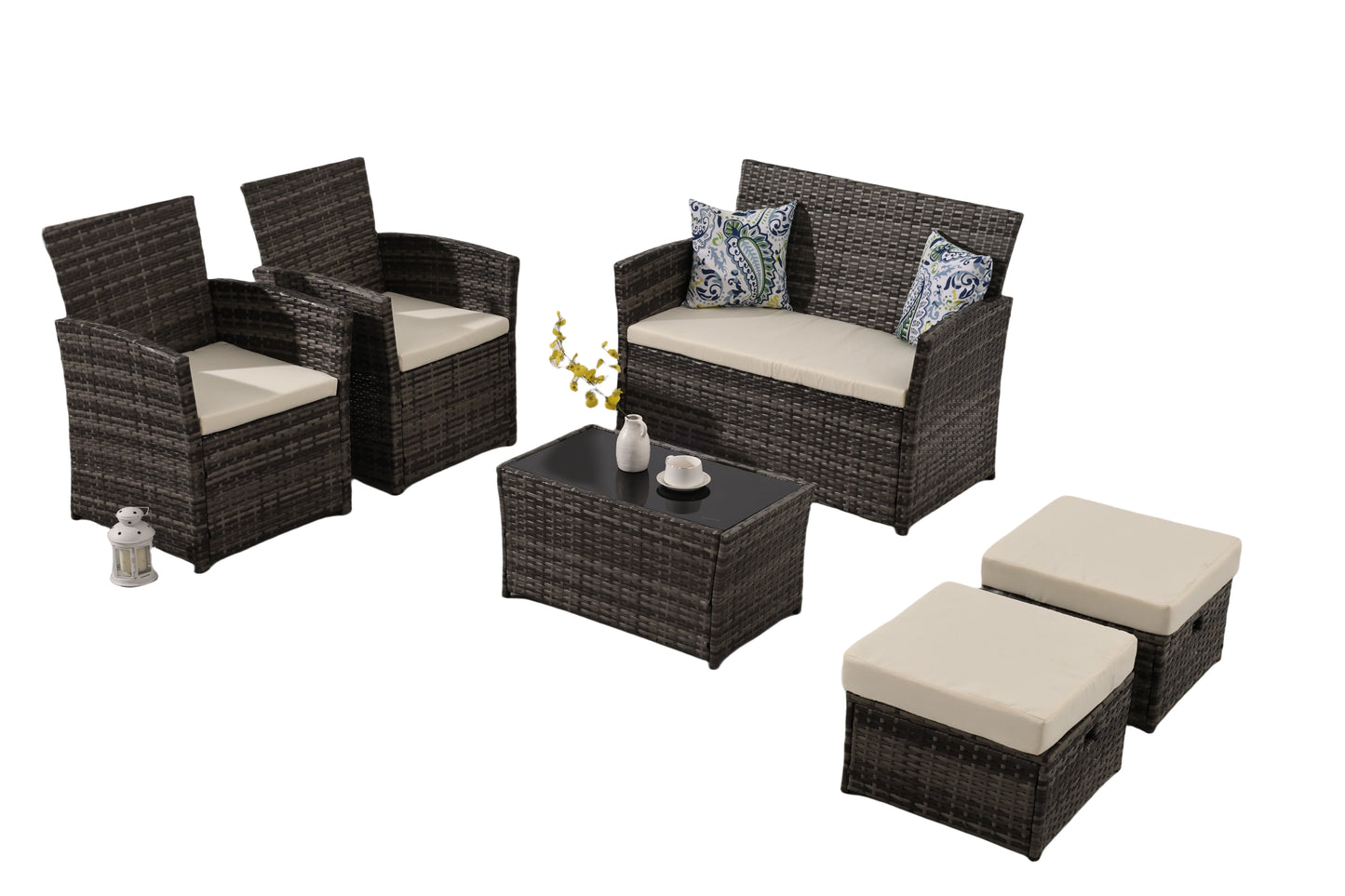 6 Pieces Outdoor Patio Furniture Set, Wicker Sectional Sofa Patio Conversation Set Couch with Ottomans Rattan Chair and Table fo