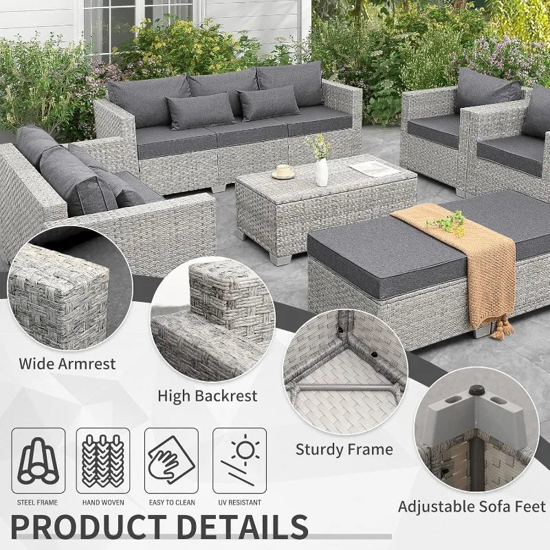 Patio Furniture Set Gray Rattan 7 Pieces Outdoor Sectional Sofa PE Wicker Conversation Chairs with Storage Table and Non-