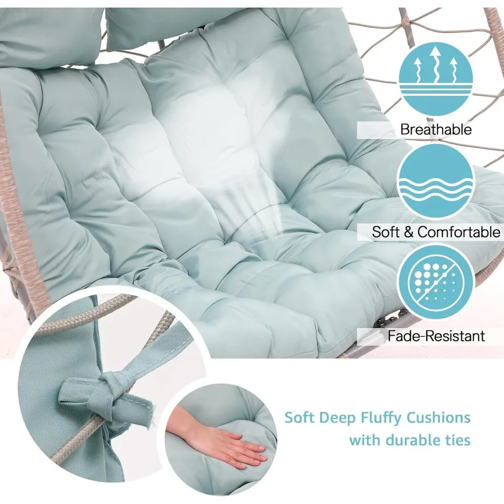 2 Person Double Egg Swing Chair with Stand Indoor Outdoor, Patio Wicker Rattan Hanging Egg Chair w/Cushion, Pillow, Fo