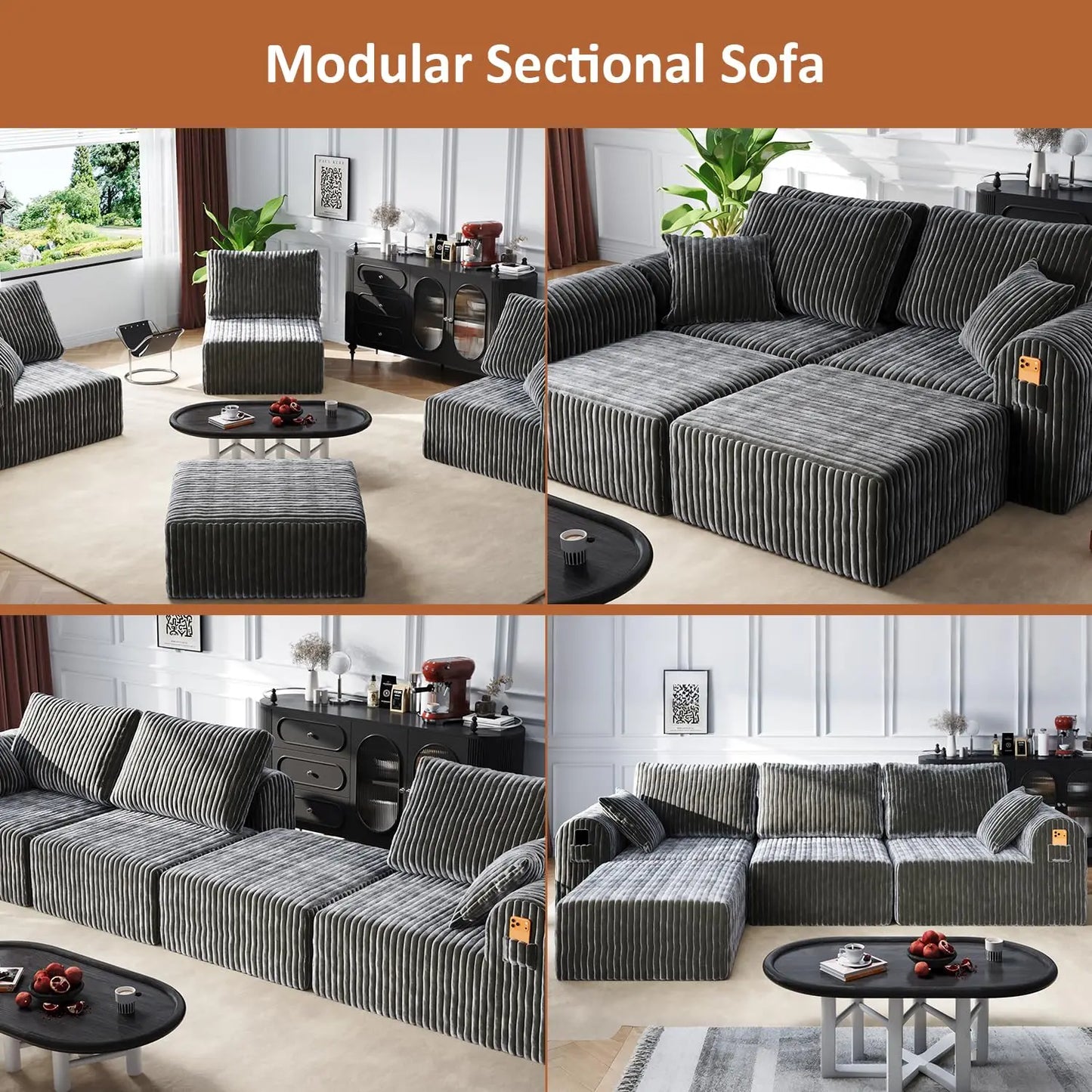 Modular Sectional Sofa, Boneless Couches for Living Room, L-Shape Sofa Couches,Cloud Couch Sectional, Comfy Corduroy Sofa, with