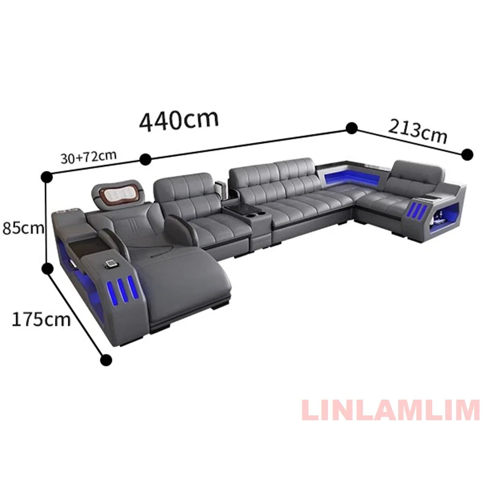 Modern Sectional Sofa Bed with LED Light, Electric Recliner and Massage,Living Room Genuine Leather Couch