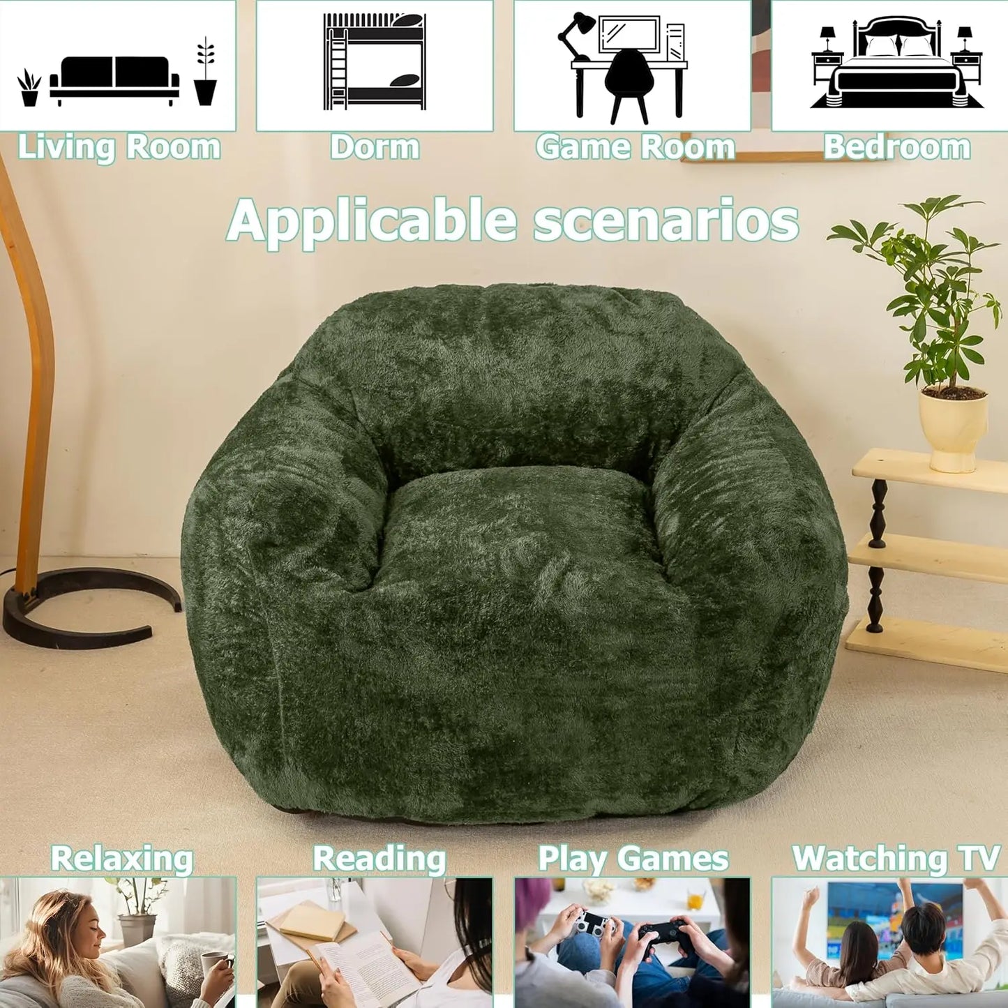 Bean Bag Sofa Chair for Adults, Beanbag Couch for Reading, Gaming, Relaxing, Soft and Durable Cover Lazy Sofa, Dark Green