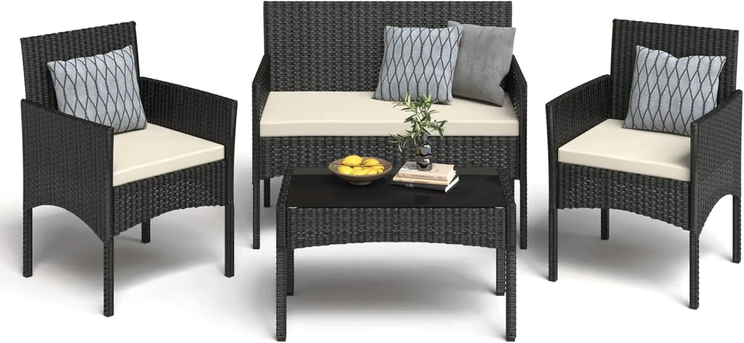 4 Pieces Patio Furniture Set, Outdoor Wicker Rattan Patio Conversation Furniture Set with Waterproof Cushion and Table