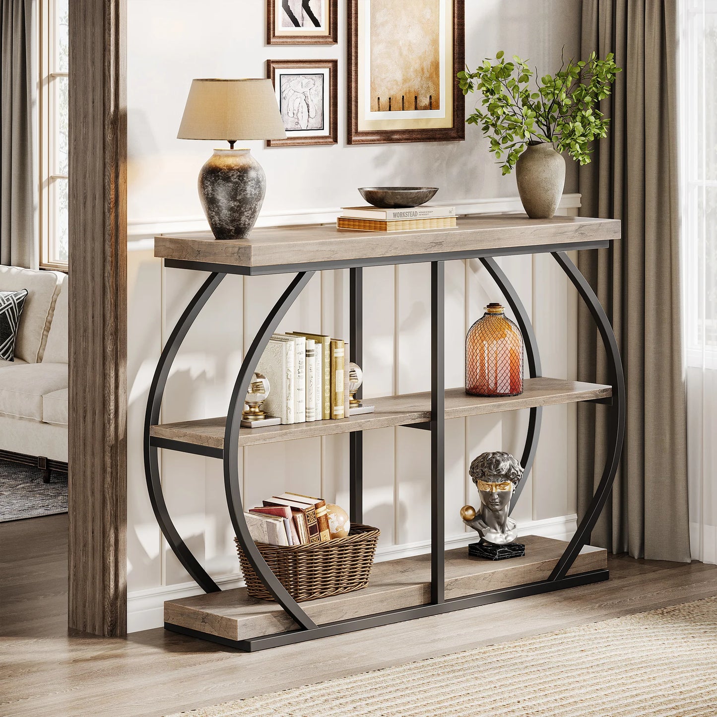 Tribesigns 41.3" Console Table, Industrial 3-Tier Entryway Table with Arched Metal Frame and Storage Shelves for Living Room