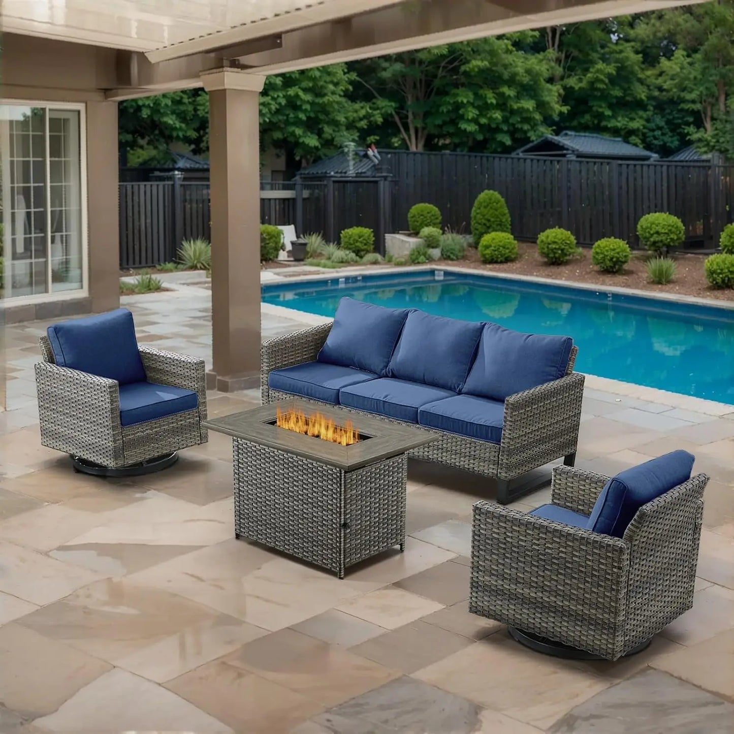 7 Piece Wicker Patio Furniture Set - Outdoor Swivel Rocker Chairs Set with Coffee Table, Side Table, 3 Seat Sofa & Ottomans, Sma