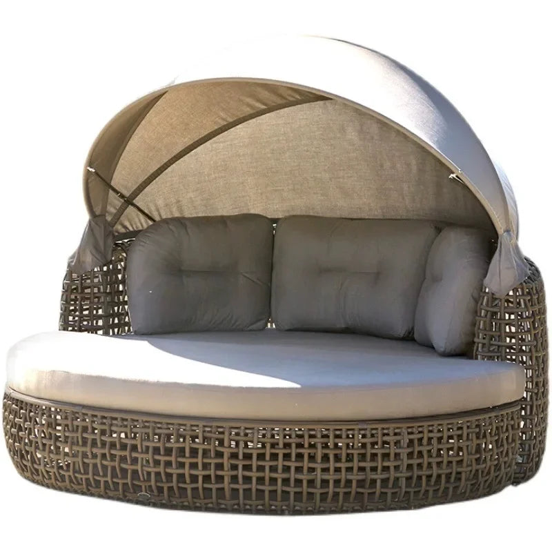 Outdoor leisure rattan sofa queen bed rough rattan recliner round bed combination with canopy round rattan awning lying outside
